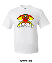 Load image into Gallery viewer, White KZEW 98 ZOO T-shirt from www.kzew.store featuring a front graphic design and casual fit.
