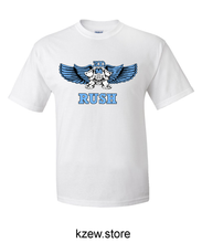 Load image into Gallery viewer, Blue KZEW RUSH T-shirt from www.kzew.store featuring a casual fit and graphic design on the front.
