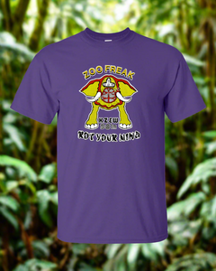 Purple t-shirt with elephant graphic and text on a green leafy background
